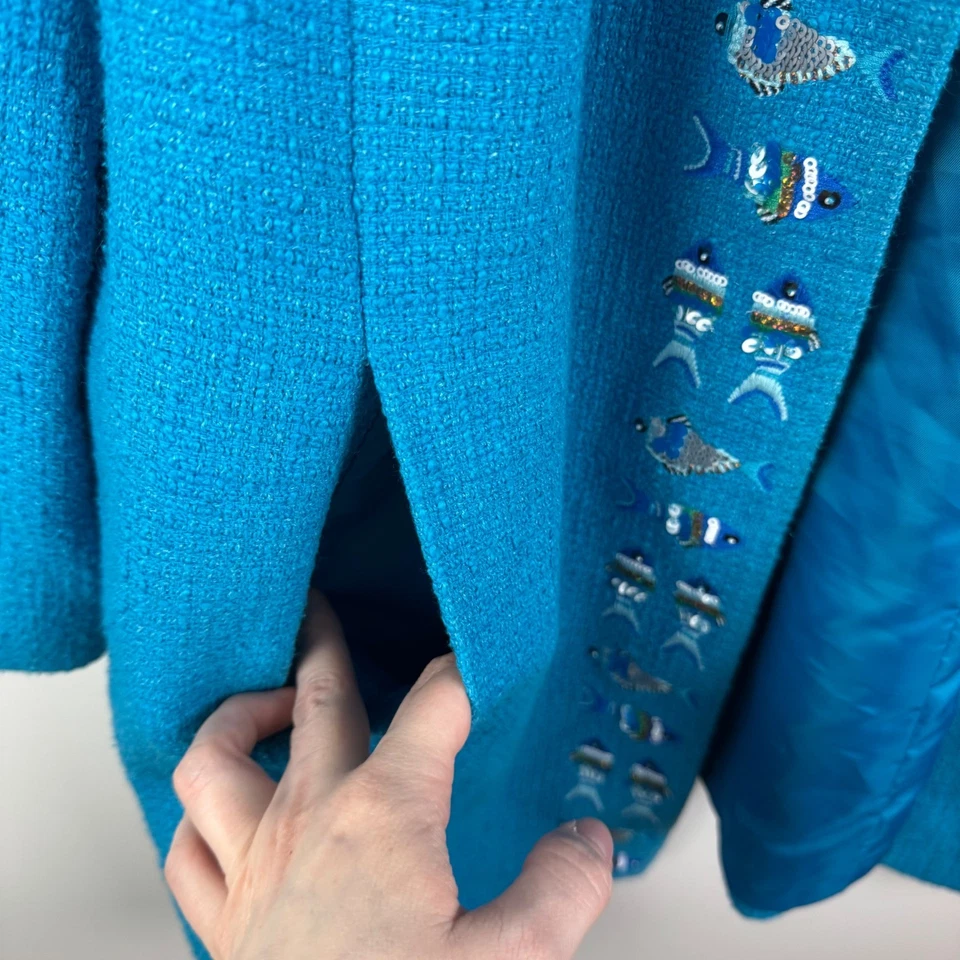 Talbots Fish Beaded Embellished Tweed Jacket Size 18W Blue Open Front Preppy - Image 3 of 4