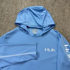 Huk Hooded Shirt Men M Blue Performance Fishing Long Sleeve Lightweight