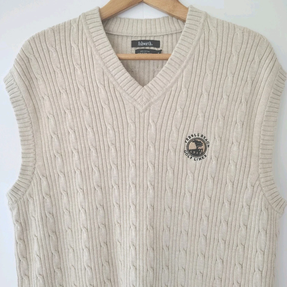 Ashworth Cable Knit Sweater Vest Mens Sz XL Ivory Pebble Beach Preppy Old Money  - Image 2 of 4
