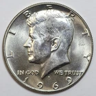 1969-D 50c Kennedy 40% Silver Half Dollar Uncirculated - RAW - White / Luster