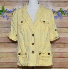 Chico's Butter Yellow Button Front Linen Jacket Size 3 XL 3/4 Roll Tab Sleeves