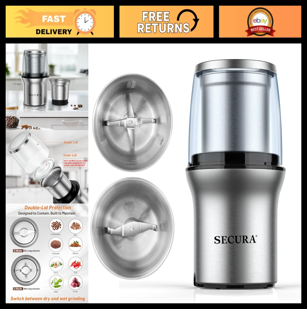 Electric Coffee & Spice Grinder - 2 Stainless Steel Blades, Removable Bowls, Fas