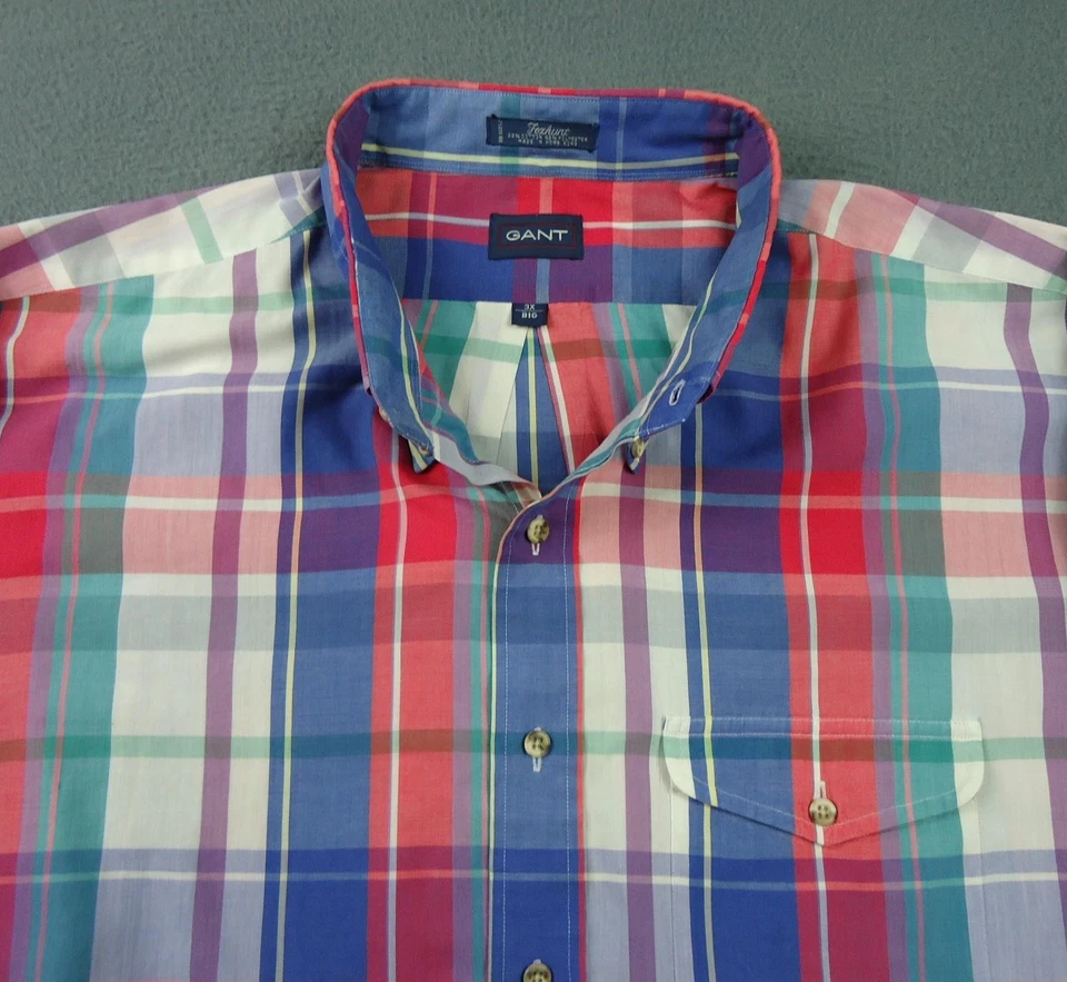复古 Gant 衬衫男式 3X Big Foxhunt 蓝色红色马德拉斯格子纽扣 LSleeve — 第 2/4 张图片