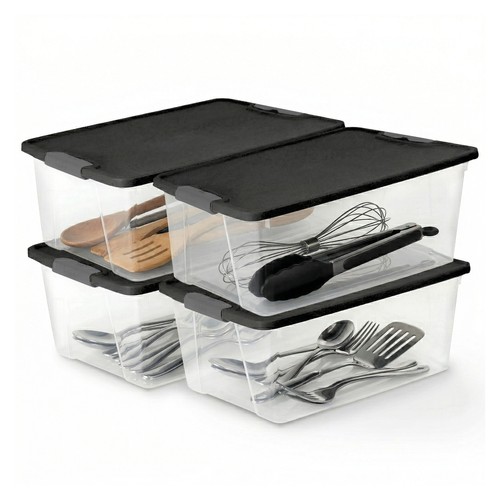 Homz 15 Qt Stackable Plastic Storage Container w/Snaplock Lid, Gray (4 Pack)