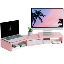 Pink Dual Monitor Stand Riser with Drawer - Length and Angle Adjustable Doubl...