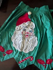 Vintage Handmade Applique Embroidered Christmas Half Apron Santa Holly Berries