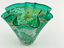 Signed Studio Art Glass Bowl 1995 Green Abstract Black Rim ~7” Hand Blown