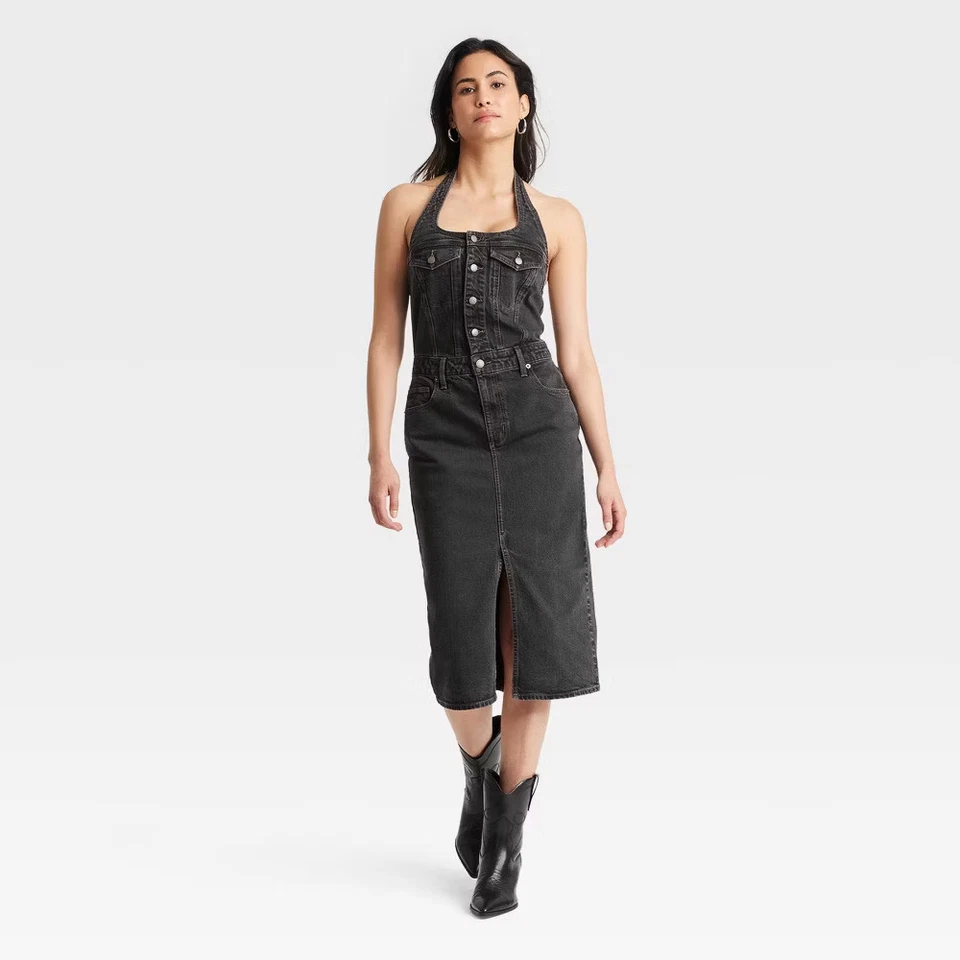Women's Denim Midi Dress - Universal Thread Black Wash 16: Sleeveless Halter,