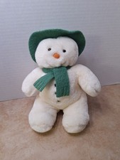 Vintage Eden Toys Sitting The Snowman White Plush Green Hat Scarf Stuffed Toy 8