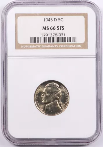 1943-D Jefferson Silver War Nickel 5C NGC MS66 5FS Full Steps 