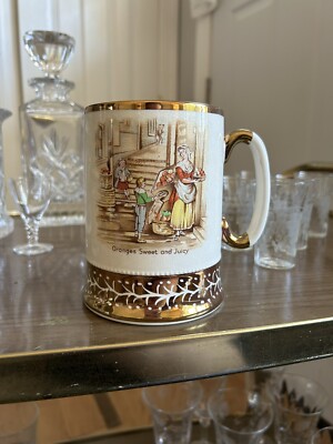 2 ARTHUR WOOD HANDLED CERAMIC OLD CHELSEA STEIN CUPS W/ HEAVY GOLD DEC'D TRIM