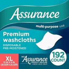 Assurance Premium Disposable Washcloths, XL 96 Count (Pack of 2) Total 192, Whit