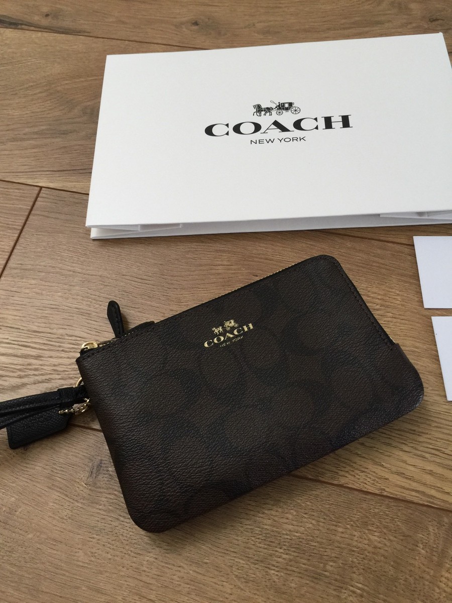 NWT Coach F66506 Double Corner Zip Wristlet In Signature Brown