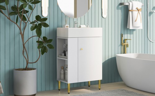 21.6" White Bathroom Vanity Combo Cabinet Single Ceramic Sink Left Side Storage - 第 7/19 張圖片