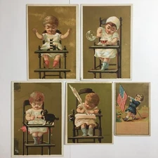 Lot of 5 Antique 1880s Victorian Trade Cards Babies in High Chairs American Flag