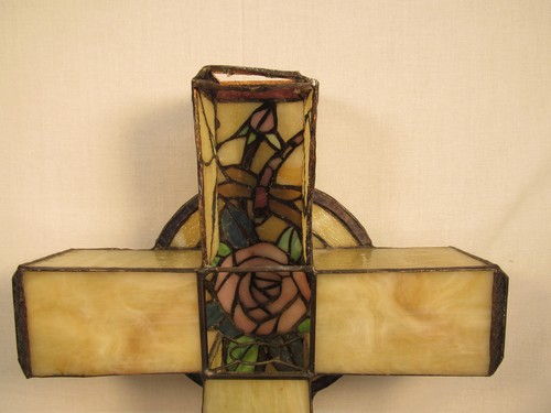 Tiffany Style Stained Glass Cross Rose Floral Design 18"x12.75" Estate Find - Picture 8 of 16