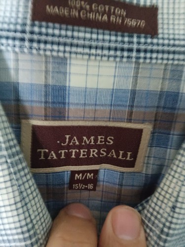 Men's JAMES TATTERSALL shirt button long sleeve plaid blue White Dress, Medium - Picture 3 of 6