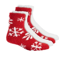 CHARTER CLUB Women's 2-Pack Holiday Fuzzy Butter Socks Red Snowflake & White OS
