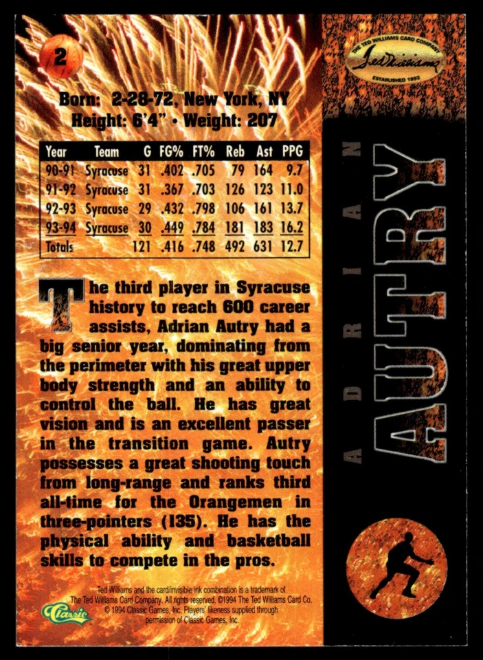 1994-95 Ted Williams #2 Adrian Autry Syracuse Orangemen - Image 2 of 2
