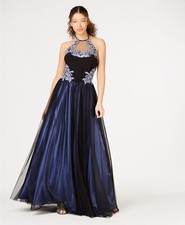 Blondie Nites Junior Satin Sequined Applique Halted Formal Dress Size 9