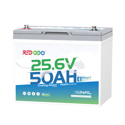 Redodo 24V 50Ah Bluetooth LiFePO4 Battery for 70-100lbs Trolling Motor, Solar