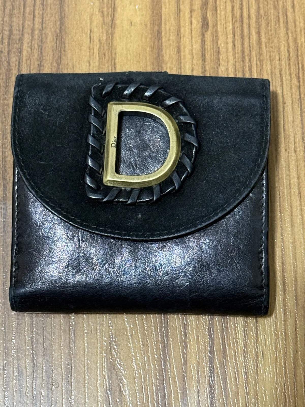 Dior W Crochet Portefeuille Bi Pli Mini Portefeuille Marque D Noir Or Cuir x Daim Dior