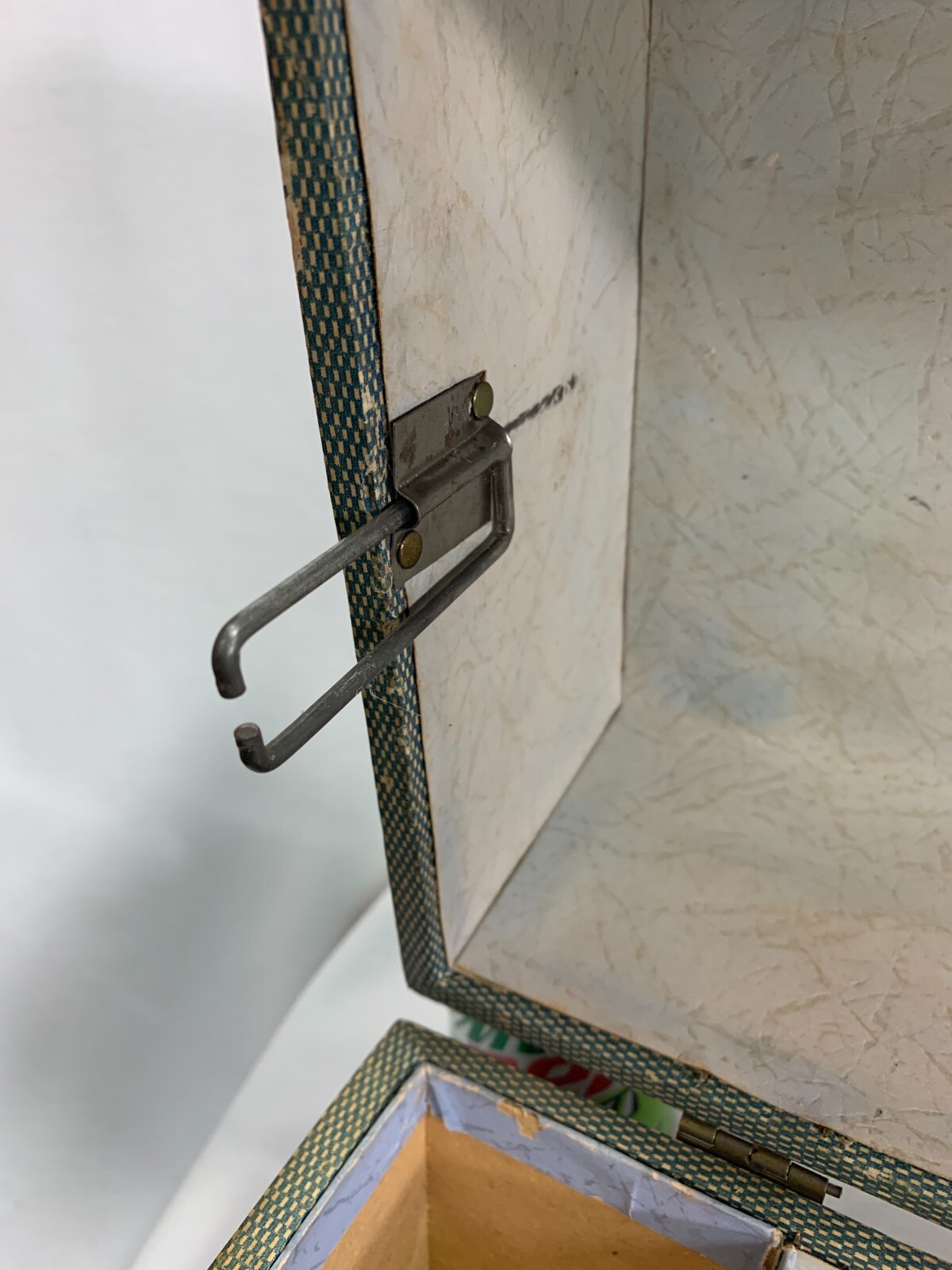 1930's Composite DOLL TRUNK Brass Knuckle Corners Pin Stripe pattern 13"x8"x8"