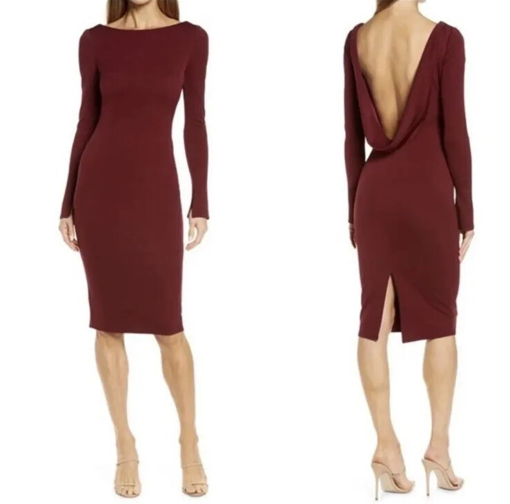 $278 KATIE MAY Drape Cowl Open Back Burgundy Dress Long Sleeve Women Large
