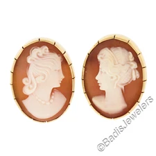 Vintage 14K Yellow Gold Oval Carved Shell Cameo Different Design Stud Earrings