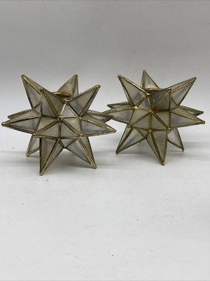 Vintage Capiz  Shell Brass Edge Star  Candle Holder Pair