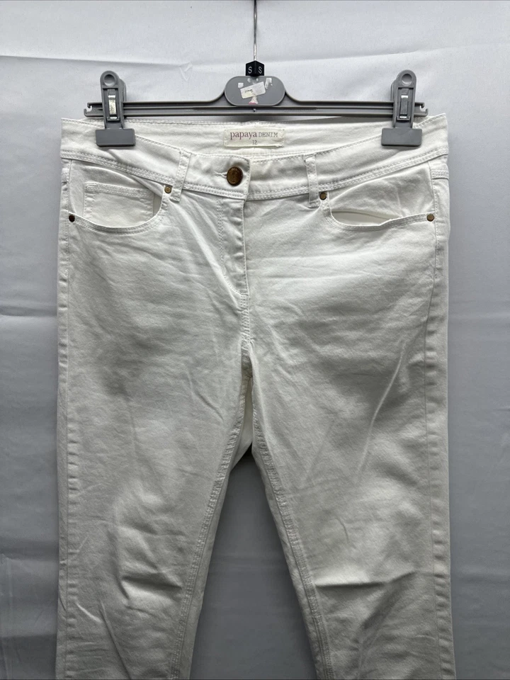 Pantalones de mezclilla blancos Papaya para mujer talla 12 cónicos elásticos botones cremallera W30 L30 Foto 2 de 4