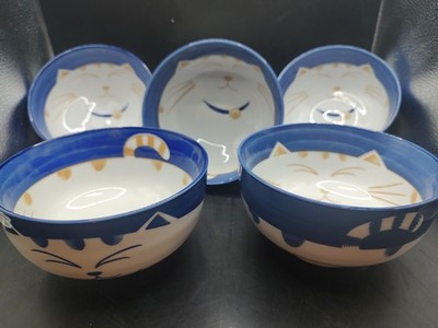 Lot Of 5 Happy Cat Cobalt Blue Ramen Soup Rice Bowl Made in Japan 5'' Porcelain