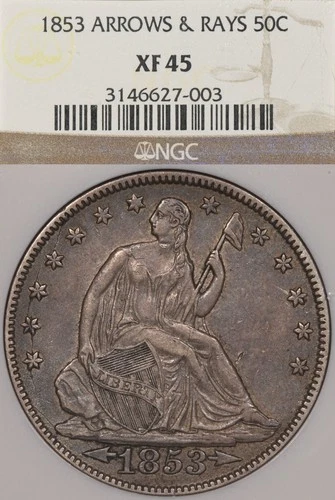 1853 50C NGC XF45 Arrows & Rays Seated Liberty Half Dollar Silver