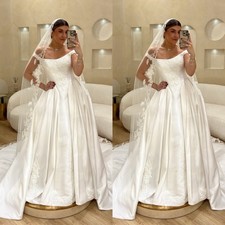 Elegant Wedding Dresses Satin A Line Sweep Train Lace White Ivory Bridal Gowns
