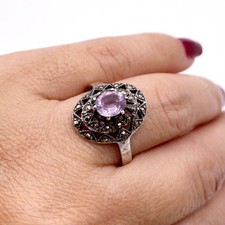 Sterling Silver and Amethyst and Marcasite Vintage Ring 6"