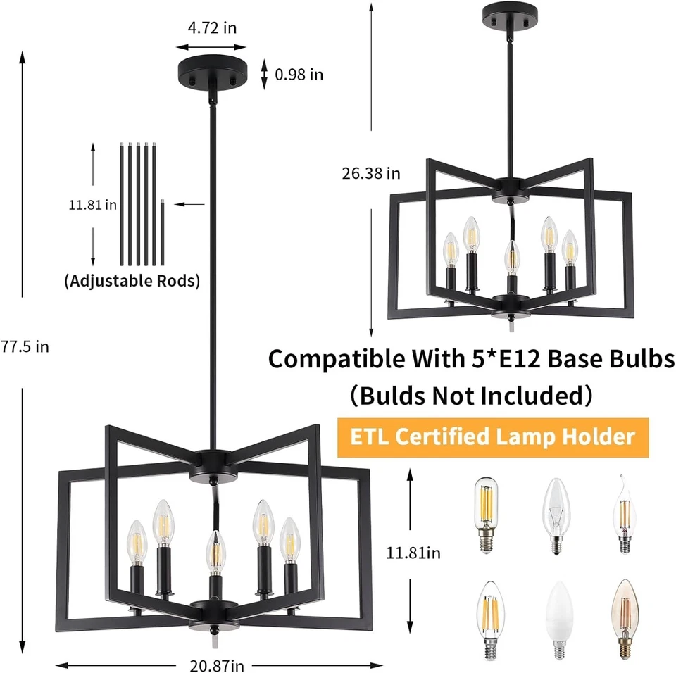 Large Black Chandelier Geometric Farmhouse Dining Room Light Fixture 8 Light  - Image 2 of 4