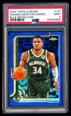 2025-26 TOPPS CHROME #137 GIANNIS ANTETOKOUNMPO TRUE BLUE REFRACTOR 92/150 PSA 9