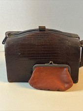 VTG 50s 60s Brown Reptile Skin Brass Clasp Frame Handbag Retro Purse