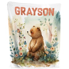 Bear Blanket - Personalized Forest Nursery Fleece Throw, Woodland Kids Baby Gift