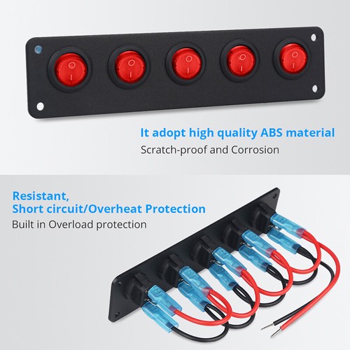 5 Gang 3 Pin On-Off Red LED Toggle Rocker Switch Panel Car Boat Marine Truck 12V - Foto 4 di 7
