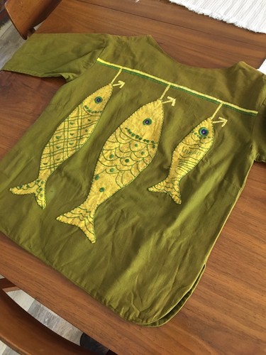vintage shirt rodelinda handmade Small fish embroidered green hippie boho - Picture 7 of 10