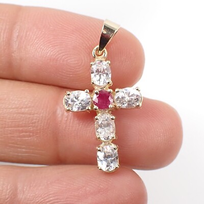0.31ct Round Red Ruby and Oval CZ Gemstone Cross Pendant 375 9k Yellow Gold