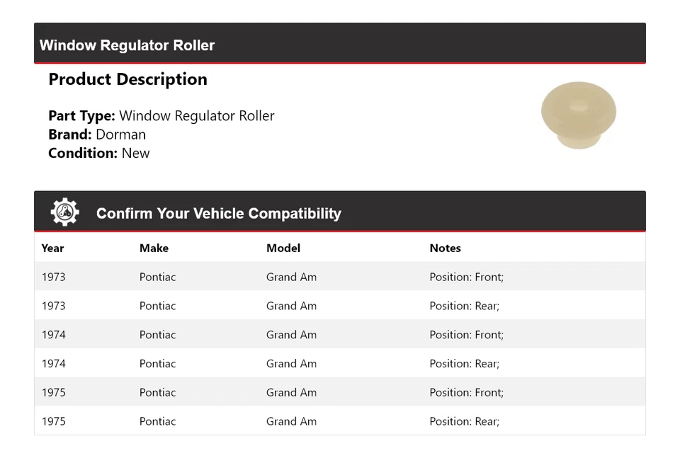 For 1973-1975 Pontiac Grand Am Dorman Window Regulator Roller 1974 - Image 2 of 4