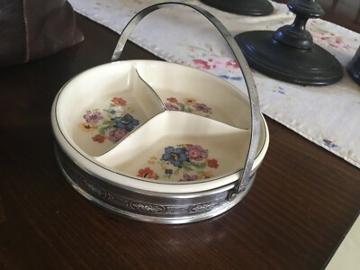 Vtg Japanese Pottery Ceramic 3 SECTION Dish From Japan -PEWTER