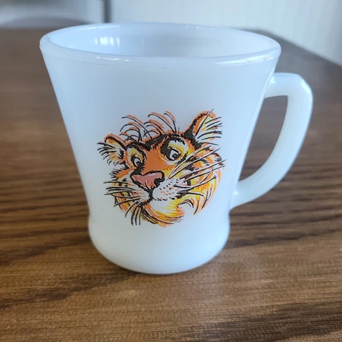 Exxon Tiger Milk Glass Coffee Mug D-Handle Vintage Fire King Esso Tea USA Made