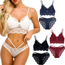 Womens Two Piece Babydoll Floral Sheer Lace Lingerie Set Underwear Bra Panty Set