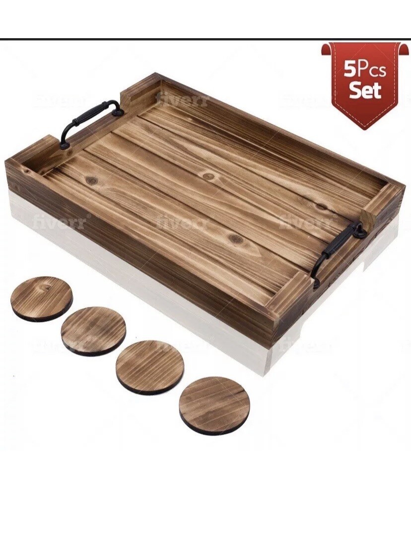 Ottoman Serving Tray with Handle for Living Room - Set of 4 Wooden Coasters