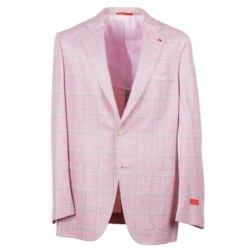 Isaia Slim-Fit 'Domenico' Pink Check Wool-Silk-Linen Sport Coat 46R (Eu 56) NWT