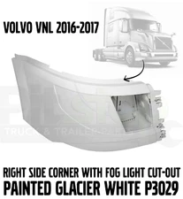 VOLVO VNL 2016-17 PAINTED WHITE CORNER BUMPER RIGHT SIDE WITH FOG LIGHT CUT-OUT