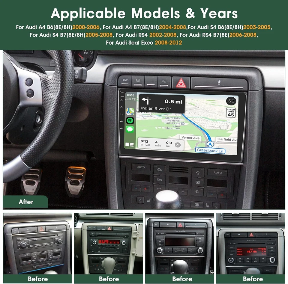 Radio estéreo para coche Apple CarPlay Android 13 GPS navegación Wifi para Audi A4 2000-2009 Foto 4 de 4